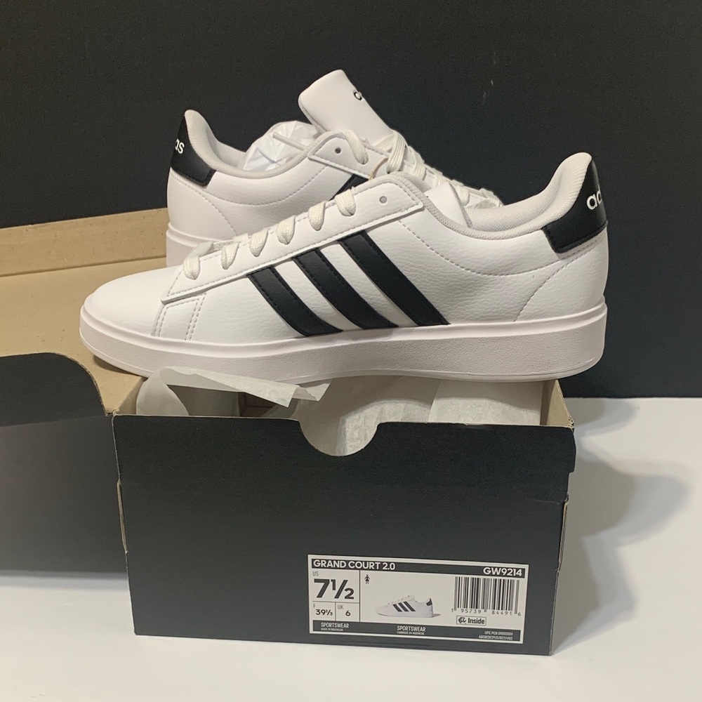 Adidas Grand Court White with Black Stripes, woman, new in the box, #7.5